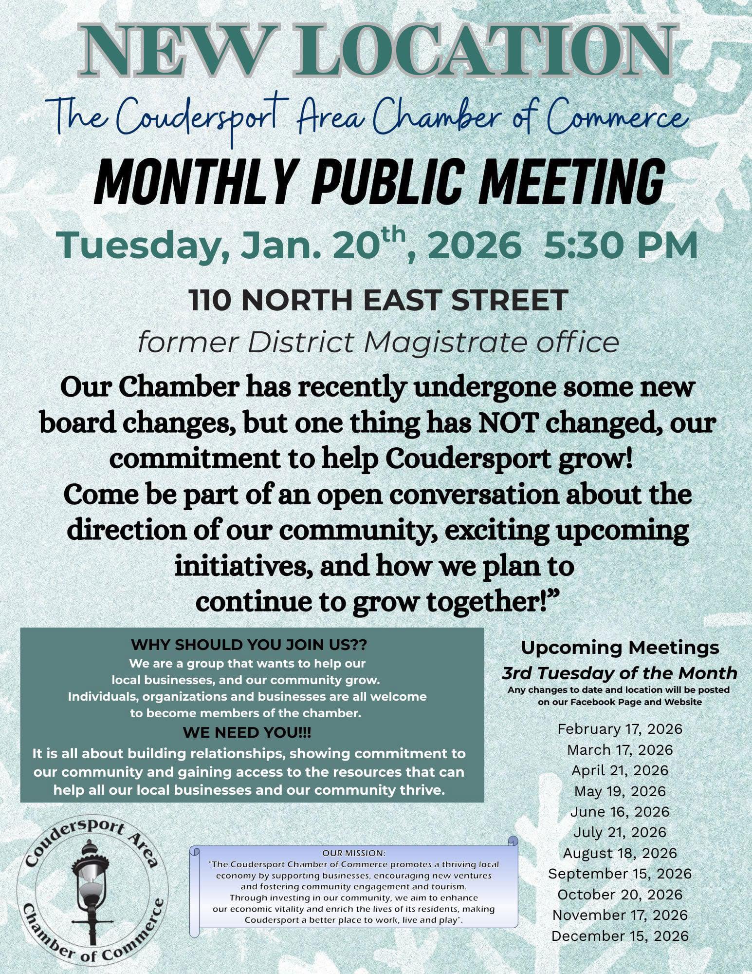 Coudersport Chamber of Commerce Meeting Info April 21st, 2026