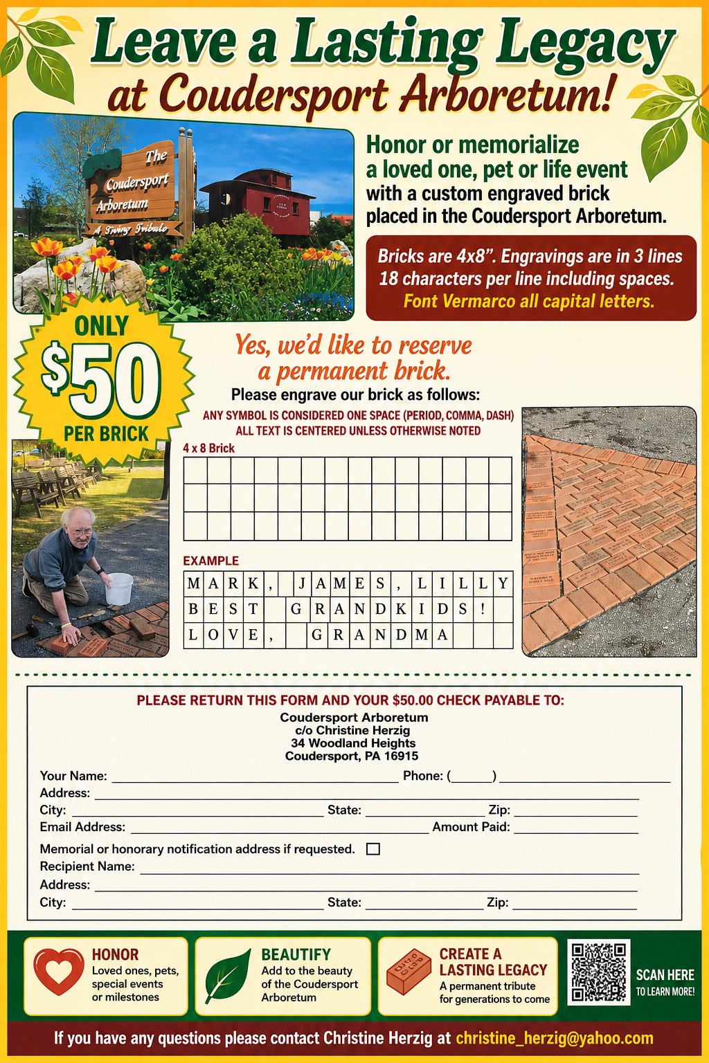 Coudersport Arboretum Offers Engraved Bricks to Honor Loved Ones