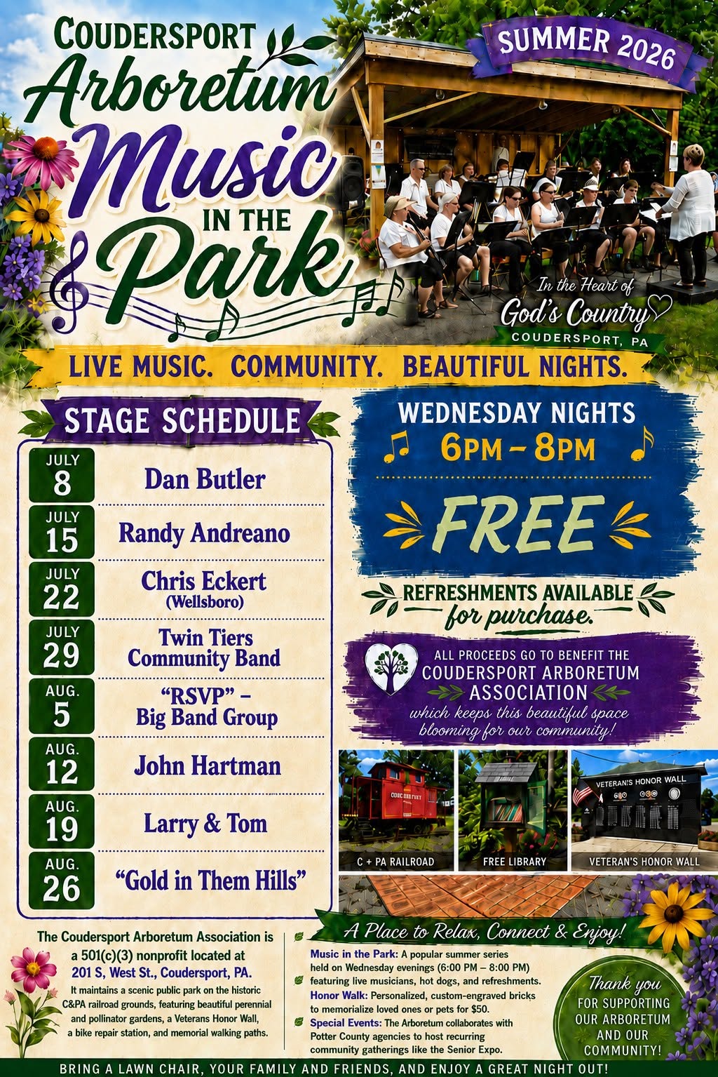 Here is the Coudersport Arboretum Schedule for this summer! Come and see! It’s fun! And FREE!