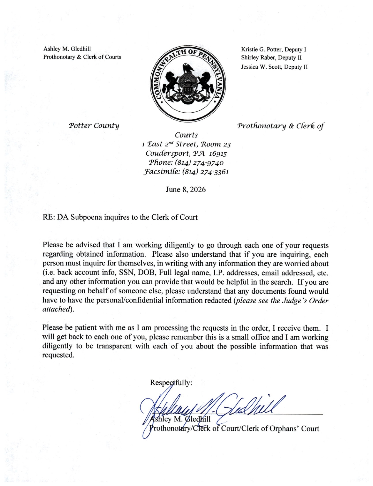 ASHLEY GLEDHILL, POTTER COUNTY PROTHONOTARY/CLERK OF COURTS LATEST UPDATE ON ANDY WATSON INQUIRIES