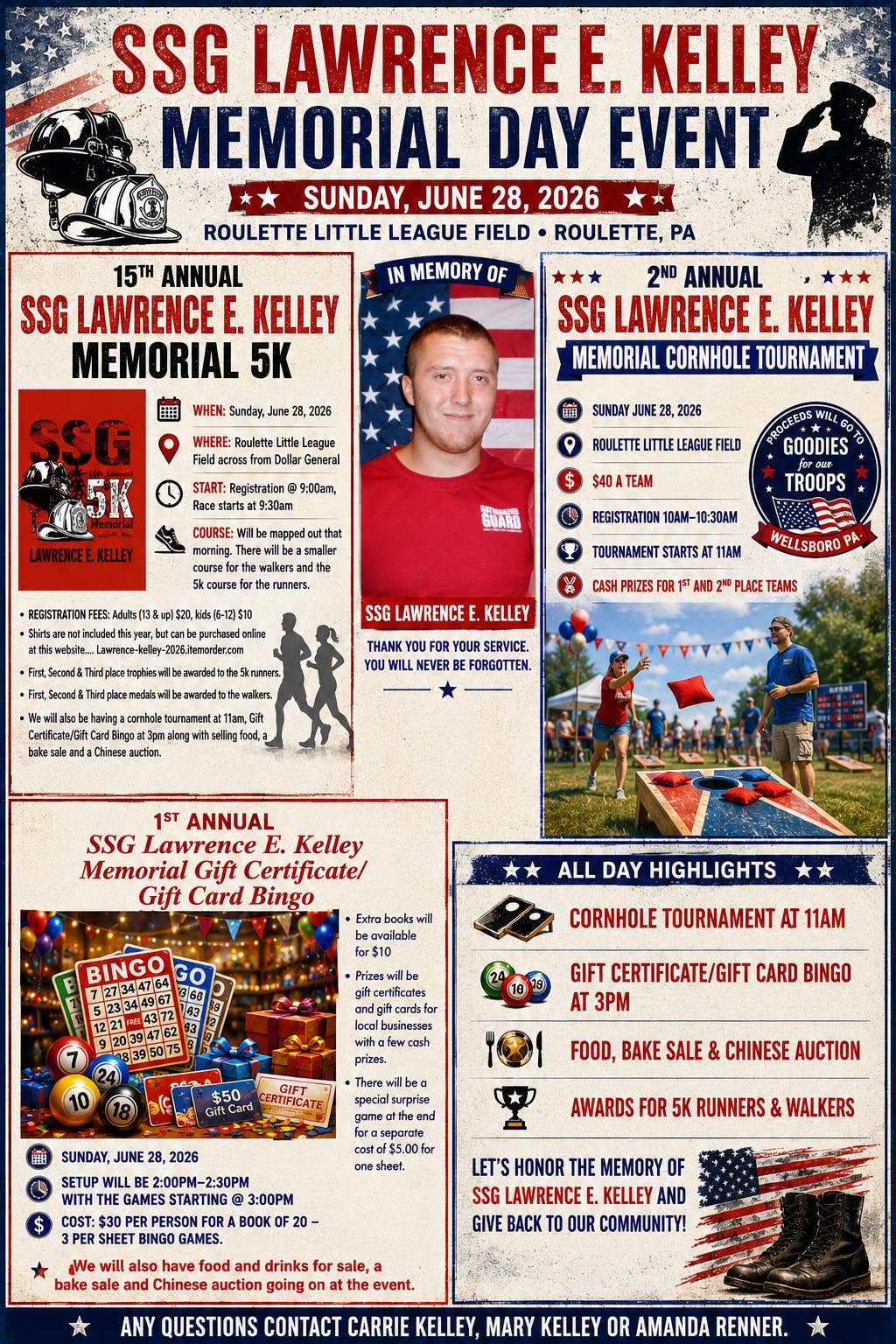 SSG LAWRENCE E. KELLEY MEMORIAL DAY EVENT 5K and Cornhole Tournament