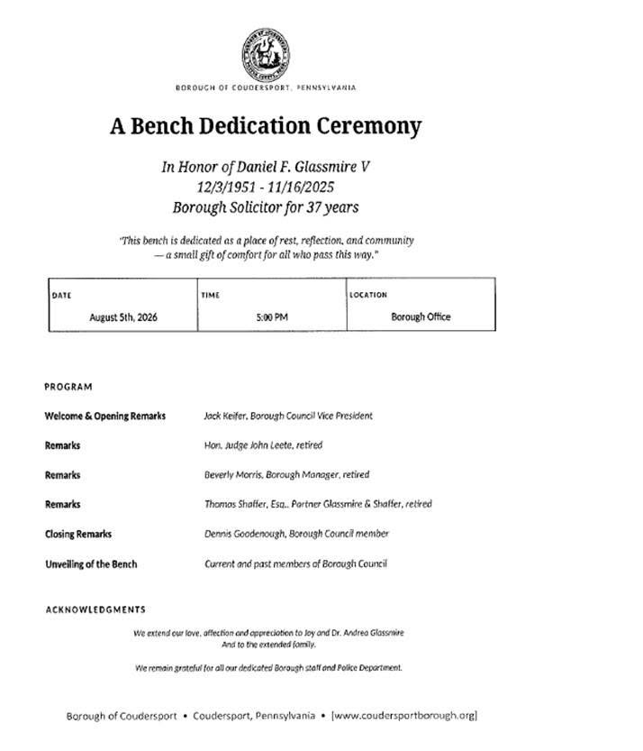 Daniel Glassmire Bench Dedication Coudersport Borough Office Wed., Aug. 5th, 2026 at 5pm