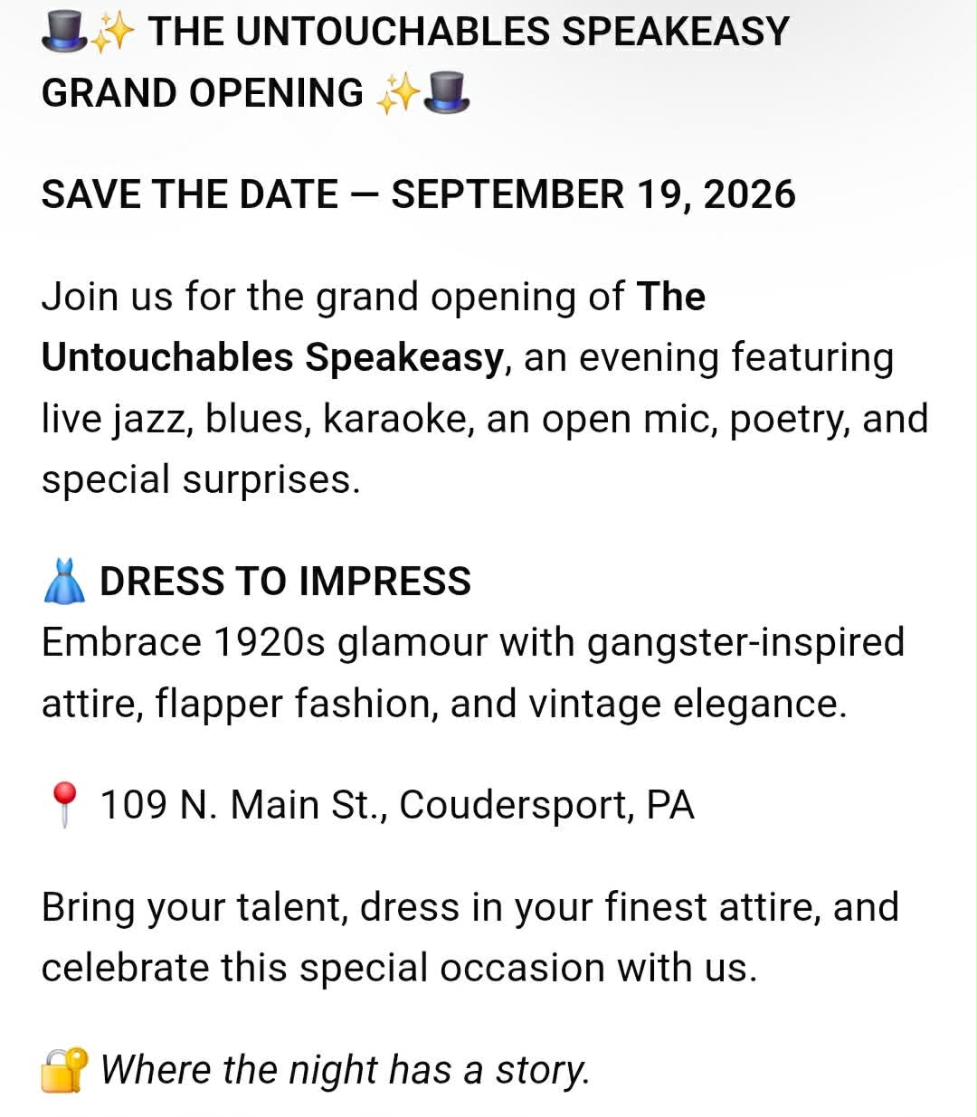 THE UNTOUCHABLES SPEAKEASY GRAND (RESCHEDULED) OPENING!!