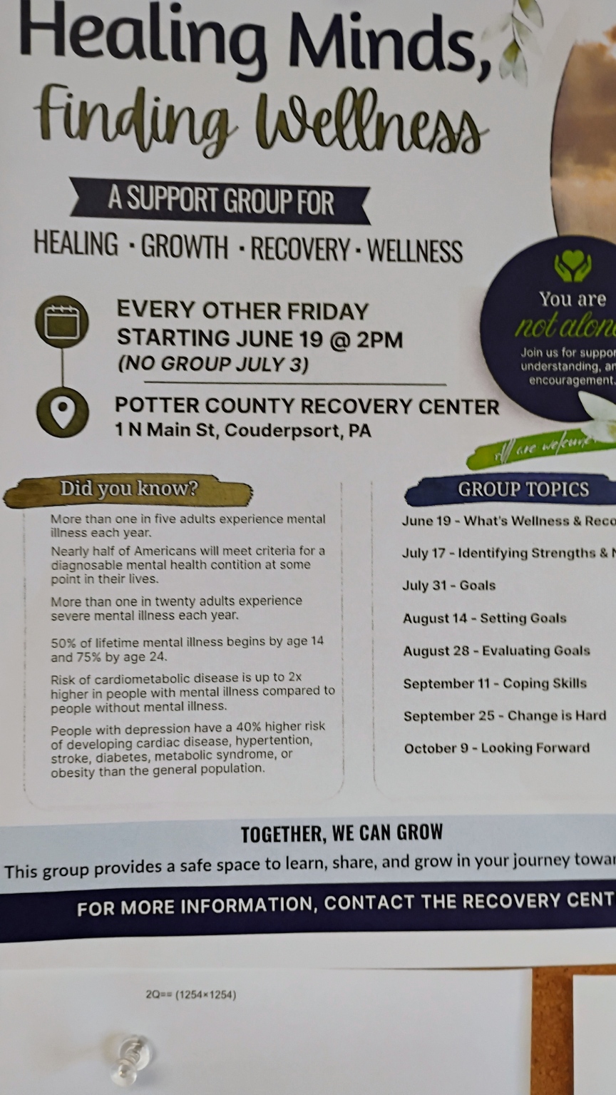 HEALING MINDS SUPPORT GROUP AT POTTER COUNTY RECOVERY CENTER EVERY OTHER FRIDAY!